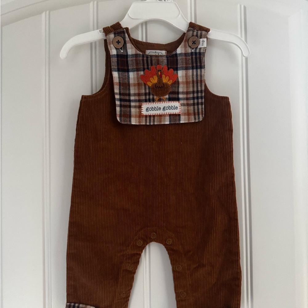 Mud Pie Brown Corduroy One-Piece with Plaid Bib
